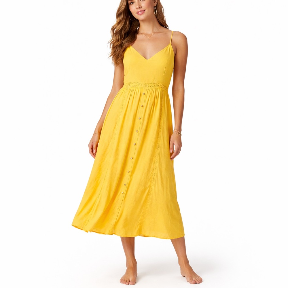 Yellow Button Front Midi Dress Boho Sundress Spaghetti Strap Summer Medium